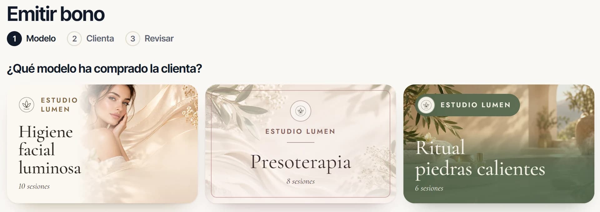 Panel profesional real de Orbanya Bonos: emitir un bono seleccionando entre los modelos Beauty Portrait, Beauty Soft y Beauty Ritual