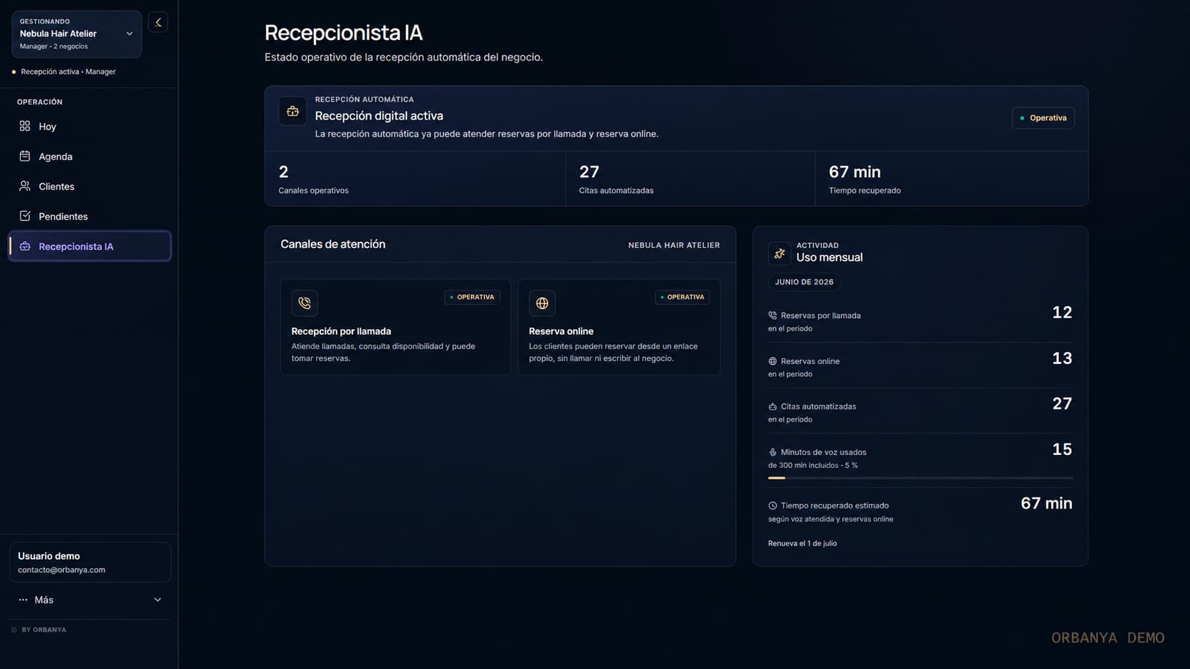 Panel de gestión de citas y recepción digital para peluquerías en Orbanya