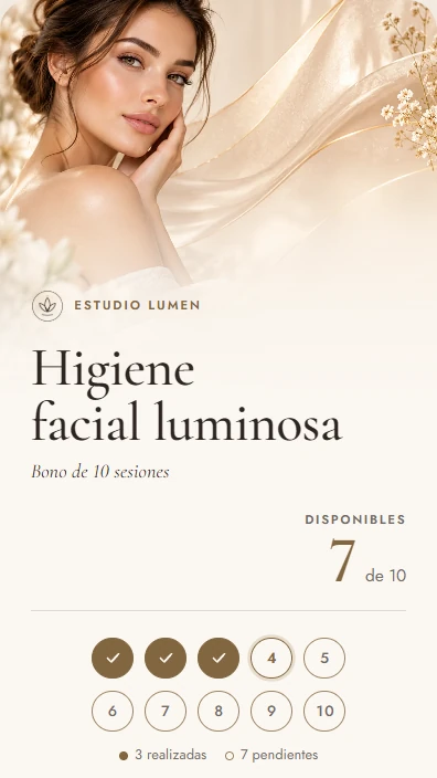 Tarjeta digital real anonimizada de higiene facial: diez círculos de sesiones, tres realizadas y saldo de siete disponibles