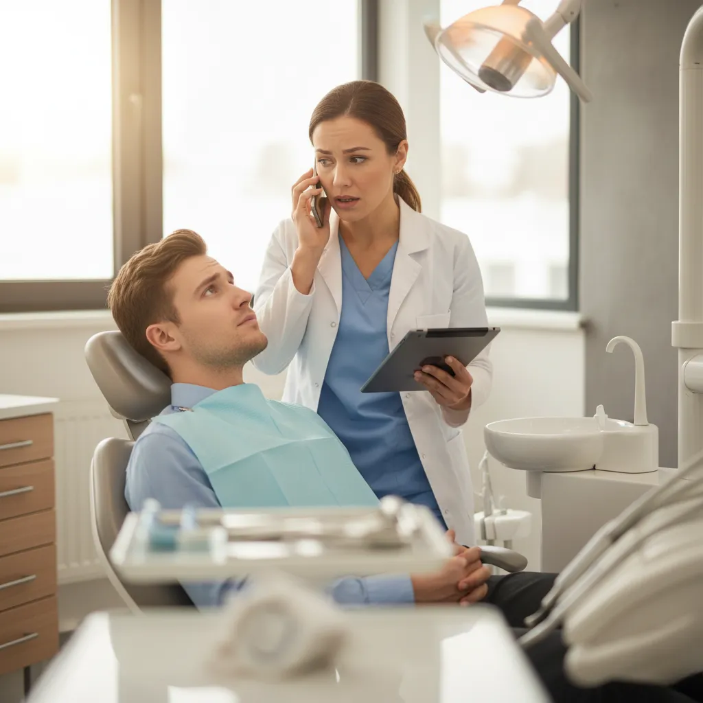 Dentista atendiendo una llamada mientras un paciente espera en el sillón dental, ejemplo de automatización con inteligencia artificial.