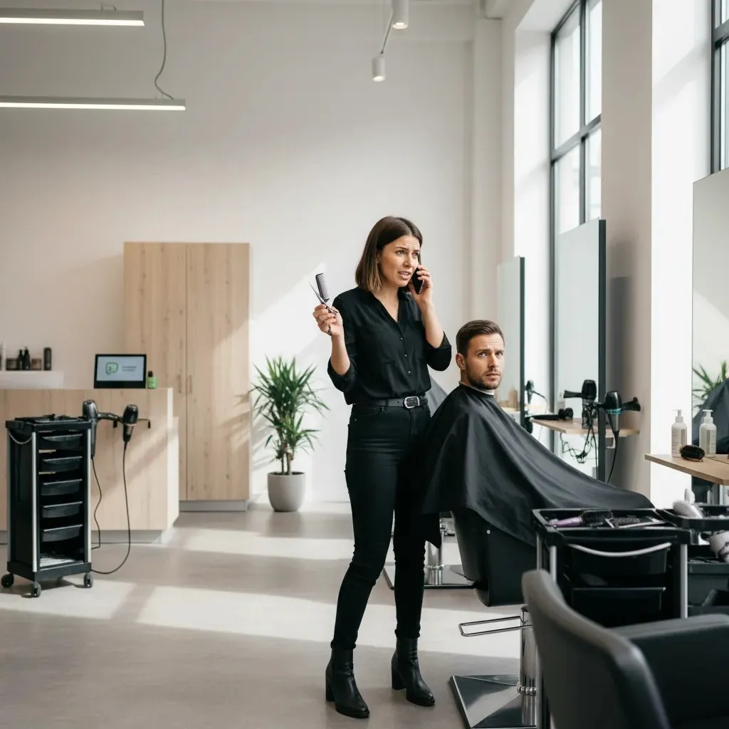 Peluquera atendiendo llamadas mientras corta el cabello, representando cómo la IA de Orbanya gestiona las citas automáticamente.