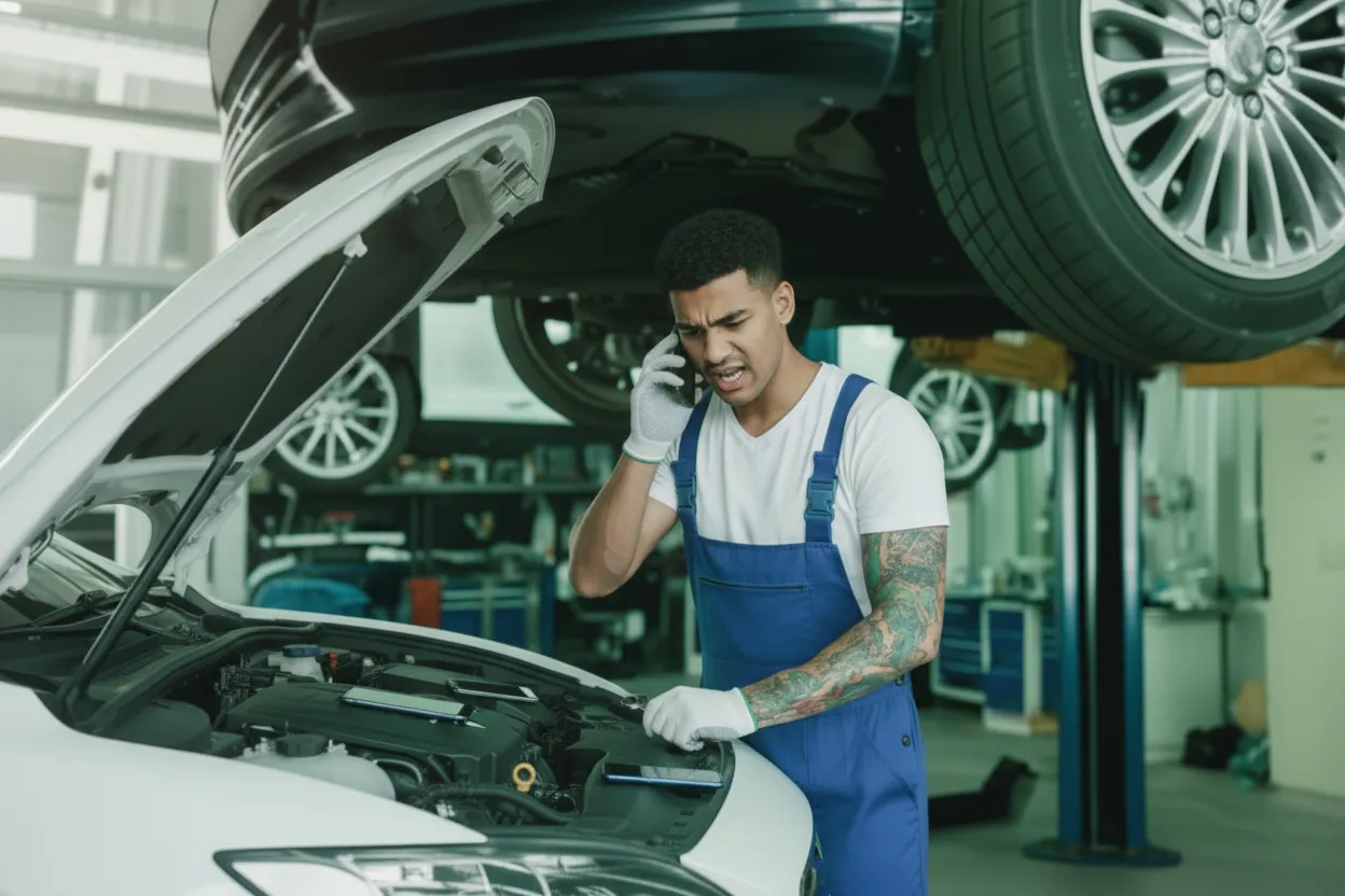 Mecánico atendiendo una llamada mientras repara un coche en un taller mecánico.