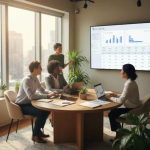 Equipo de marketing analizando campañas de Google Ads en una pantalla durante una reunión