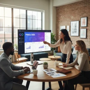 Profesionales revisando resultados de campañas de Meta Ads en una pantalla grande en la agencia