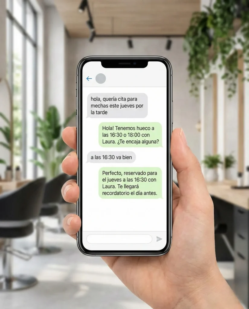 Ejemplo de conversación de WhatsApp donde se proponen huecos y se confirma una cita en peluquería
