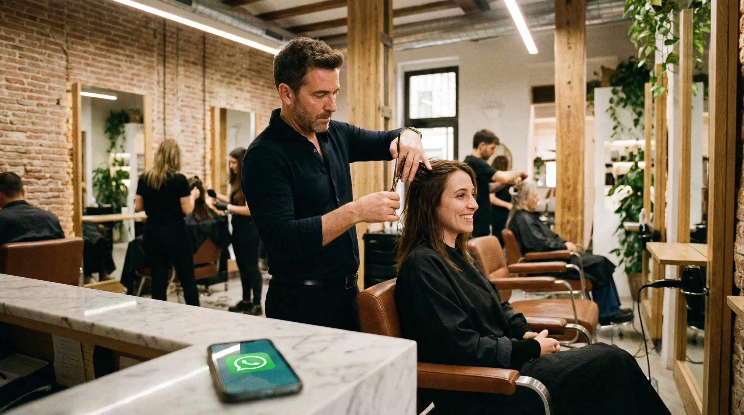 Peluquero atendiendo a una clienta mientras entra una reserva por WhatsApp en el móvil