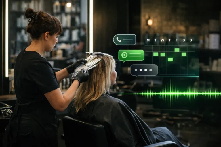Asistente IA para peluquerías gestionando llamadas, WhatsApp y citas mientras el equipo trabaja