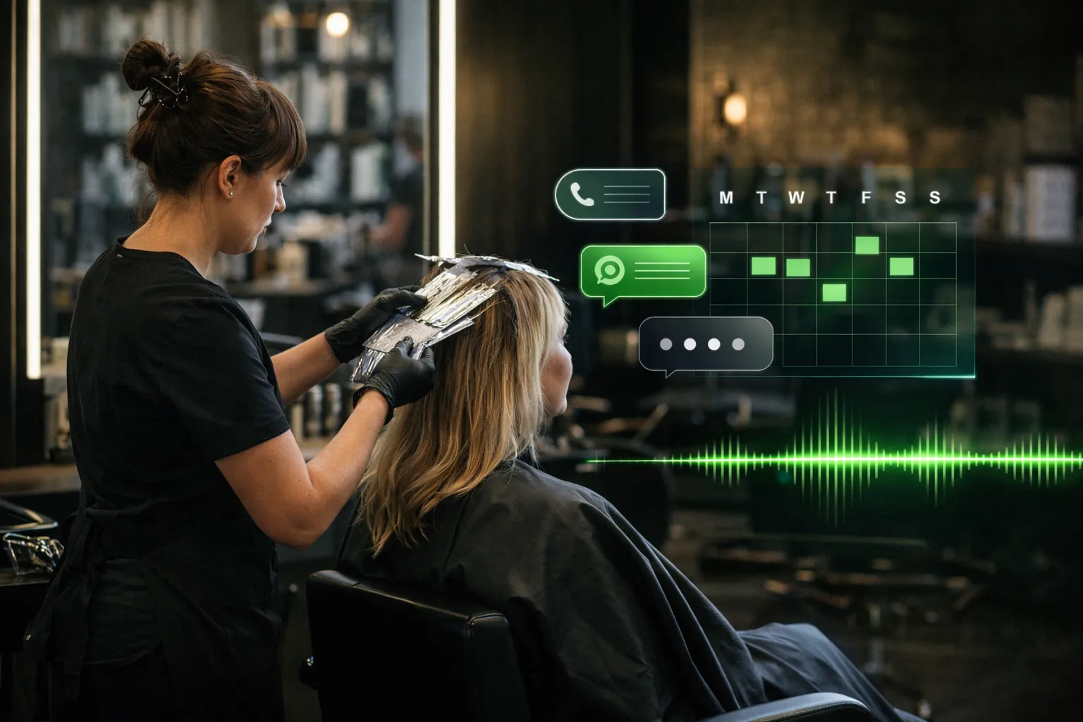 Asistente IA para peluquerías gestionando llamadas, WhatsApp y citas mientras el equipo trabaja